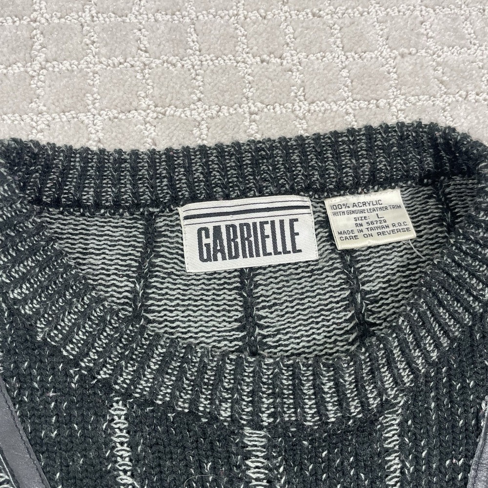 VTG 80s Gabrielle Black & Gray Acrylic Leather Sz Large Geometric Knit Sweater - Picture 5 of 6